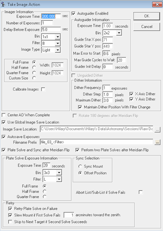 23 CCD Commander take image action parameters.png - Among things, CCD Commander will automatically dither exposures, and automatically choose a guide star.  It also knows how to re-center the scope after a meridian flip.